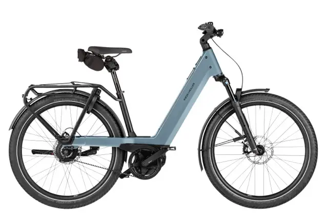 Riese & Muller Nevo5 Vario step-through electric bike in ice blue