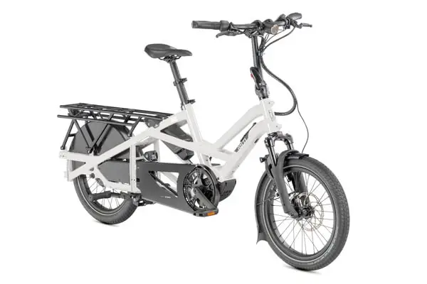 Tern GSD longtail electric cargo bike in pearl white, front three-quarter view