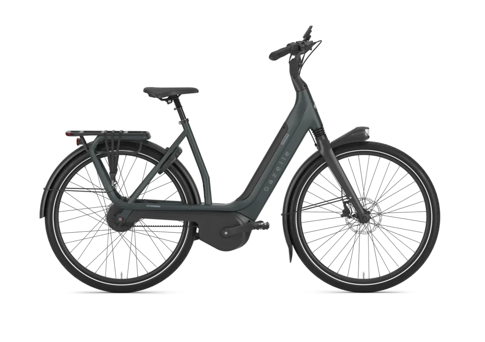 Gazelle Avignon C380 electric bike in matte teal grey, low-step frame