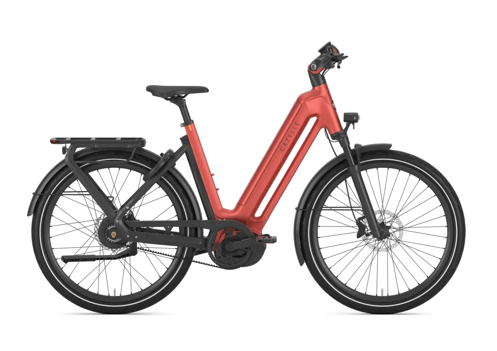 Gazelle Eclipse C380+ electric bike in matte metallic orange, low-step frame