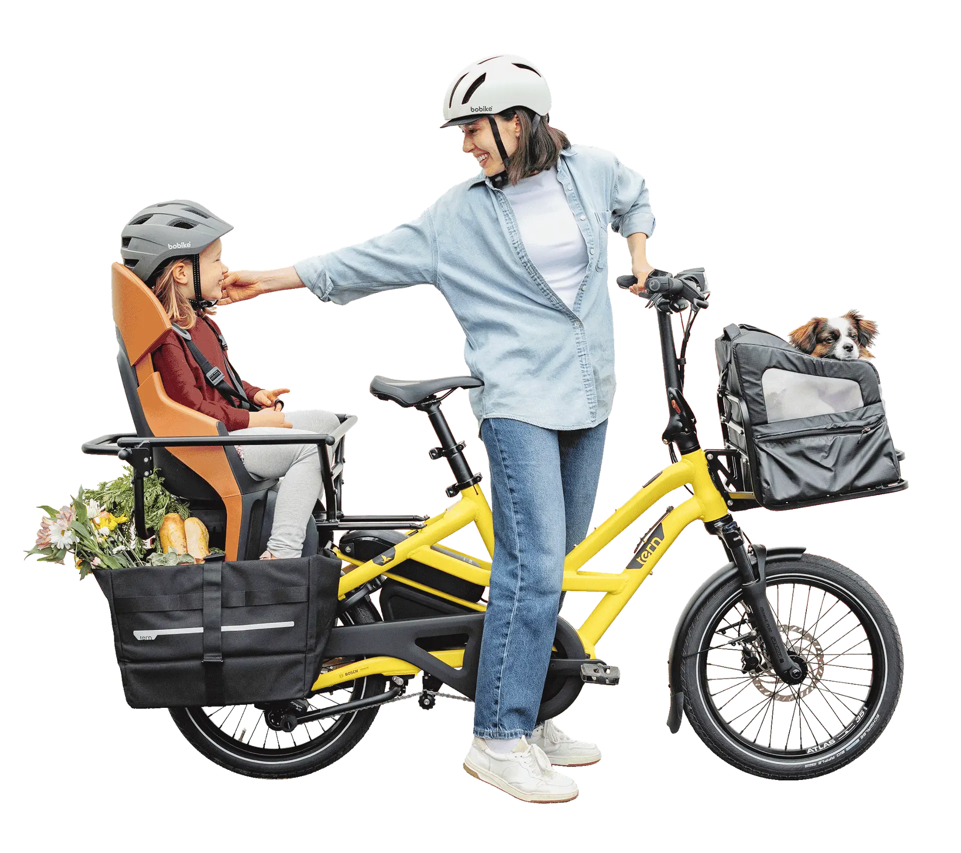 Tern HSD rider with a child on the rear seat and a dog in the front carrier, groceries and flowers loaded on the rear rack