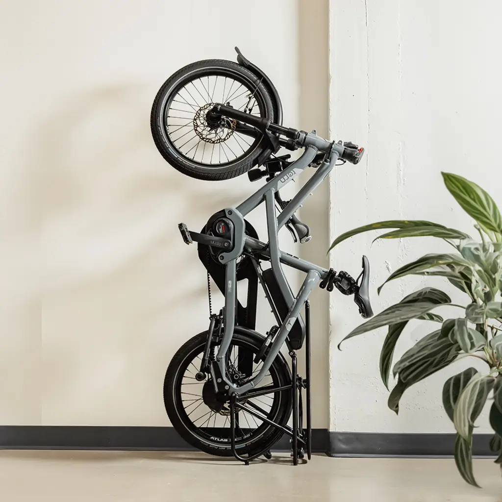 Tern HSD e-cargo bike parked vertically in a corner to save space