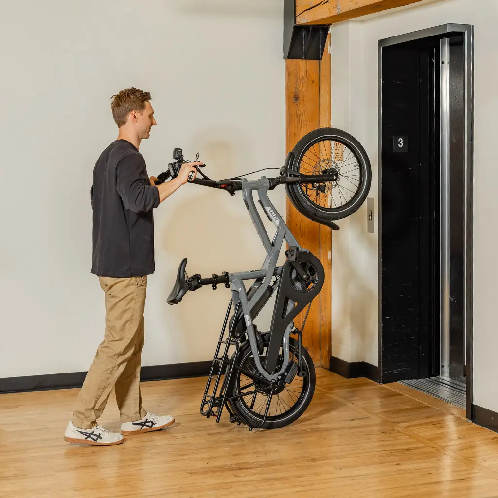Rolling a Tern HSD e-cargo bike vertically through an elevator