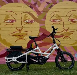 White Tern cargo bike in front of a mural