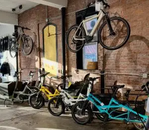 Tern cargo bikes lined up in the shop